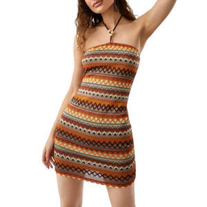 Chevron Pattern Crochet Boho Beachy Lined Tie Backless Halter Mini Dress Size L